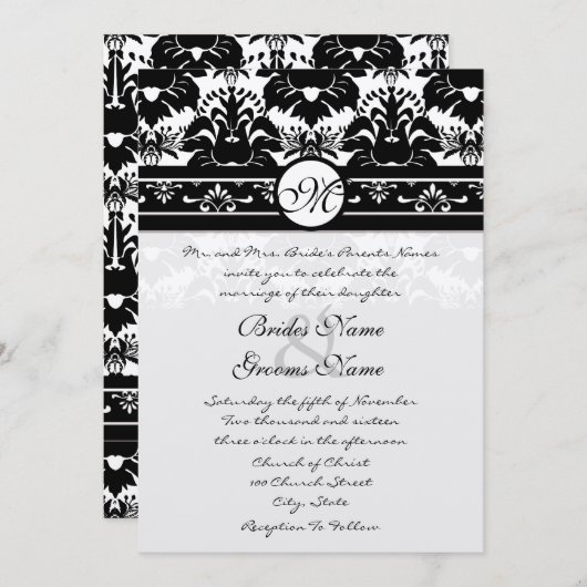 Neue Größen Black Damask Wirbel Hochzeitsfeier Einladung (Vorne/Hinten)