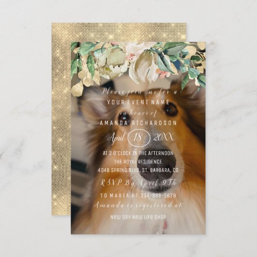 Neue Hunde Foto Blume Brunch Spark Gold Einladung (Vorne/Hinten)