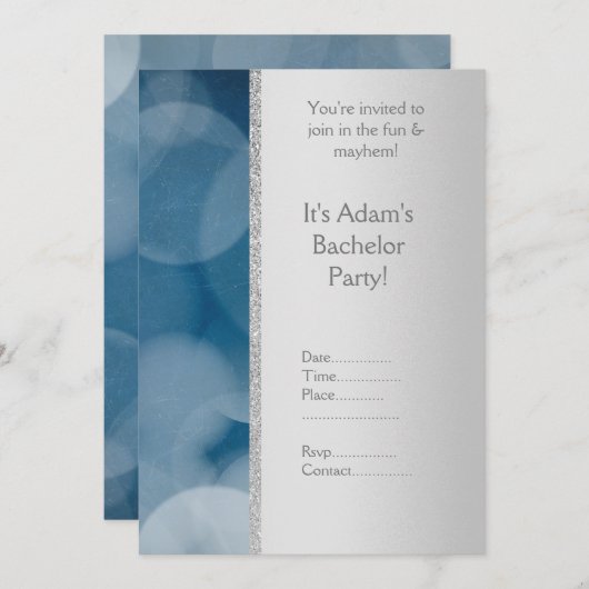 NEUE INVITATION "Blue Bubble silver BACHELOR PARTY Einladung (Vorne/Hinten)