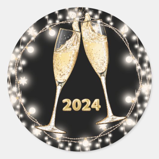 Neue Jahre Champagner Brille glänzen String Lights Runder Aufkleber (Vorderseite)
