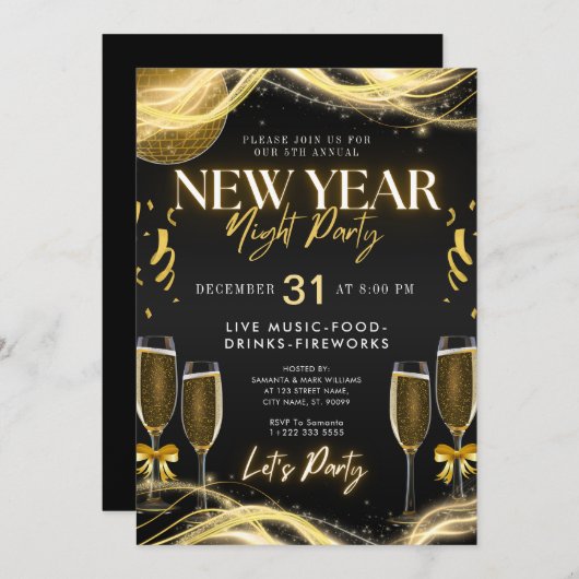 Neue Jahre Thema Gold & Black Party Einladung (Vorne/Hinten)