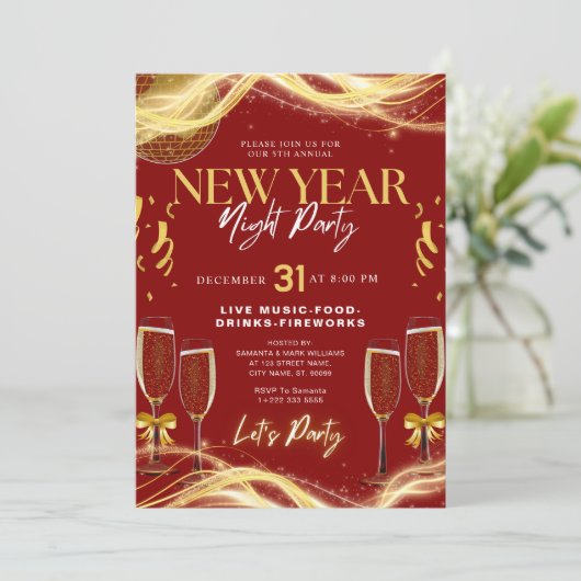Neue Jahre Thema Gold & Red Party Einladung (Stehend Vorderseite)