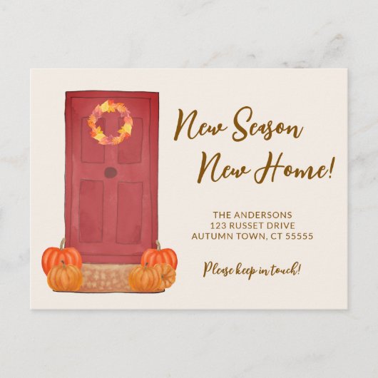 Neue Jahreszeit neue Zuhause Pumpkin Türfallen Ankündigungspostkarte (Vorderseite)