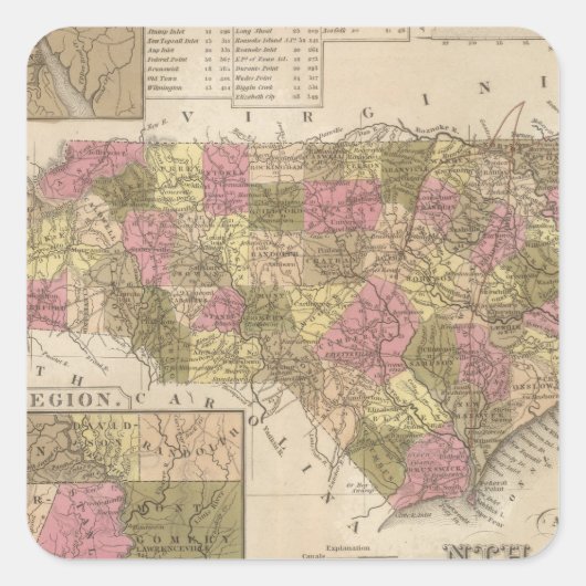 Neue Karte des North Carolina Quadratischer Aufkleber (Vorderseite)