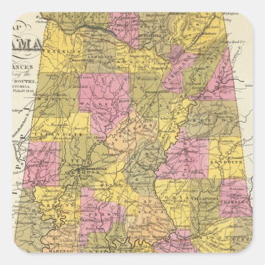 Neue Karte von Alabama Quadratischer Aufkleber (Vorderseite)
