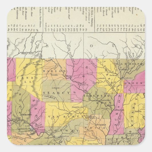 Neue Karte von Arkansas Quadratischer Aufkleber (Vorderseite)