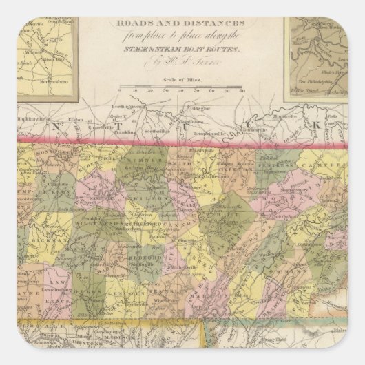 Neue Karte von Tennessee Quadratischer Aufkleber (Vorderseite)