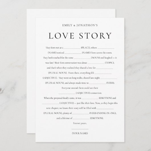 Neue Liebe Story Wedding Game Card Einladung (Vorne/Hinten)