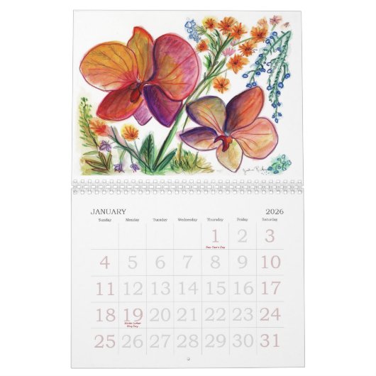 Neue orange und lila Blumen-Malereien Kalender (Jan 2026)