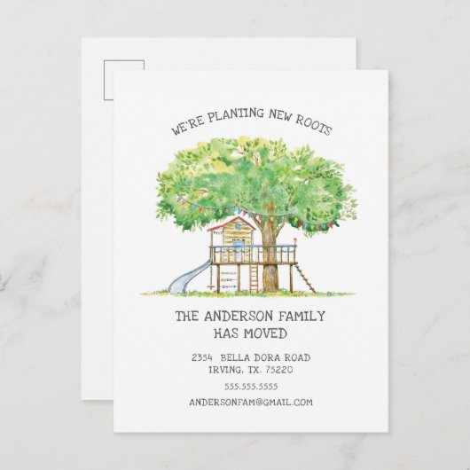 Neue Roots Treehouse Moving Announction Post Card Ankündigungspostkarte (Vorne/Hinten)