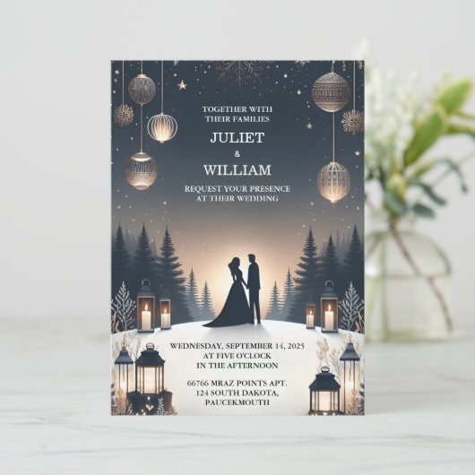 Neue Rustikale Waldstars schneesichere Winterhochz Einladung (Stehend Vorderseite)