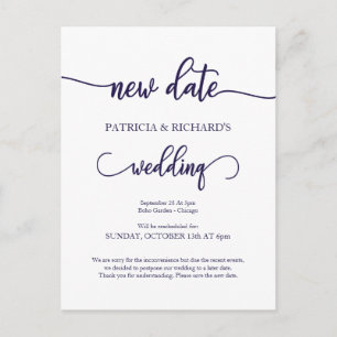 Neue Terminverschobene Hochzeit Navy Blau Schrift Postkarte