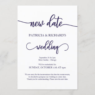 Neue Terminverschobene Hochzeit Navy Blue Schrift Einladung