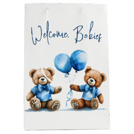 Neue Twin Boy Teddy Bären mit blauen Balloons Mittlere Geschenktüte