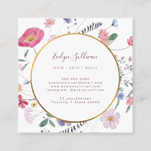 Neue Wildblumen Goldkreis-Visitenkarte Quadratische Visitenkarte (Rückseite)