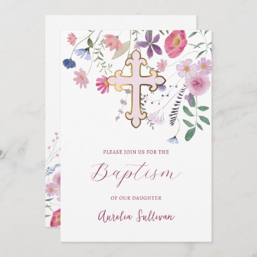 Neue Wildblumen Taufe Einladung (Vorne/Hinten)