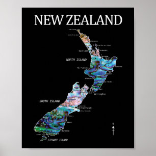 NEUE ZEALAND MAP DETAILLIERTE PAUA POSTER