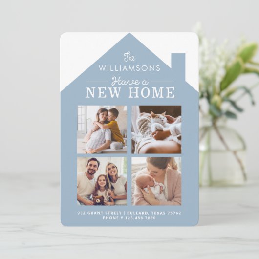 Neue Zuhause Address Family Foto Collage Blue Ankündigung (Stehend Vorderseite)