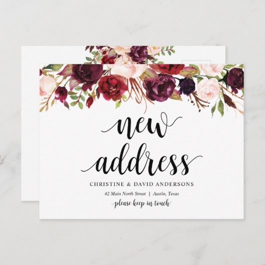 Neue Zuhause-Adresse, bordeauxfarbene Blüte, Ankün Postkarte (Vorne/Hinten)