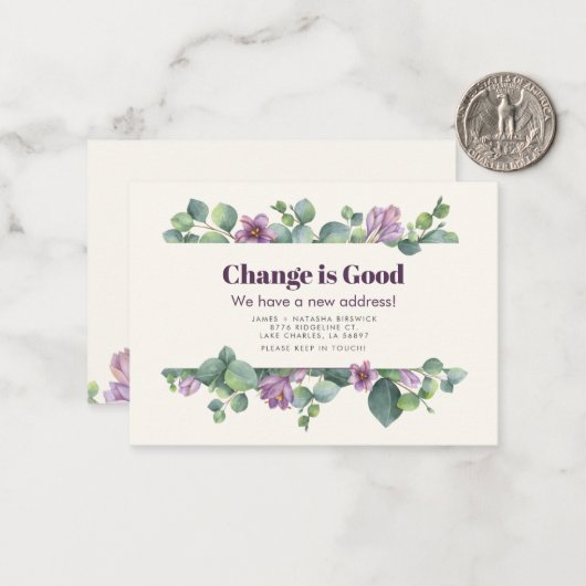 Neue Zuhause-Adresse Eukalyptus-Umzugsankündigung Mitteilungskarte (Vorderseite/Rückseite Beispiel)