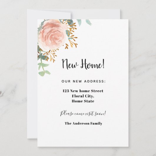 Neue Zuhause-Adresse Rose Goldflorale Eukalyptus Ankündigung (Vorderseite)