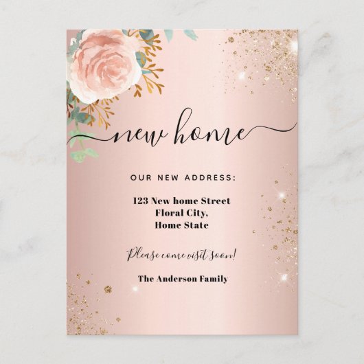 Neue Zuhause-Adresse Rose Goldflorale Eukalyptus Ankündigungspostkarte (Vorderseite)