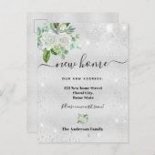Neue Zuhause-Adresse Silberblumen-Glitzer Staub Ankündigungspostkarte (Vorne/Hinten)