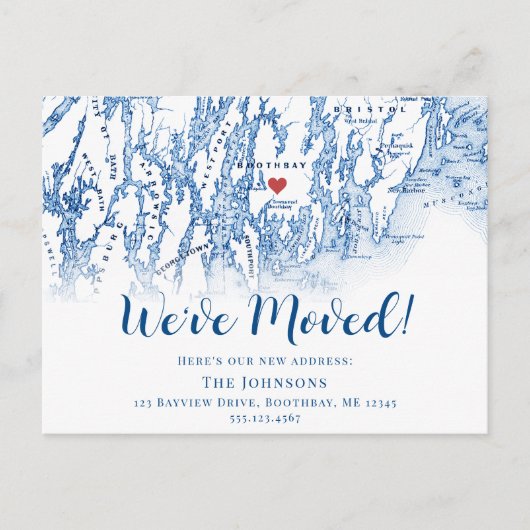 Neue Zuhause Boothbay Maine Map-Ankündigung Ankündigungspostkarte (Vorderseite)