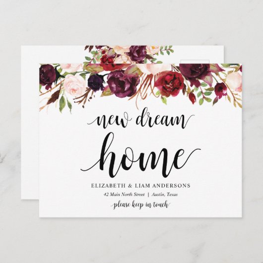 Neue Zuhause, bordeauxrote Blüte, Ankündigung Postkarte (Vorne/Hinten)