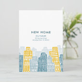 Neue Zuhause Cartoon Stadt in Blau und Gelb Einladung (Stehend Vorderseite)