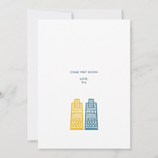 Neue Zuhause Cartoon Stadt in Blau und Gelb Einladung (Rückseite)
