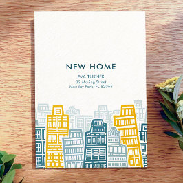Neue Zuhause Cartoon Stadt in Blau und Gelb Einladung