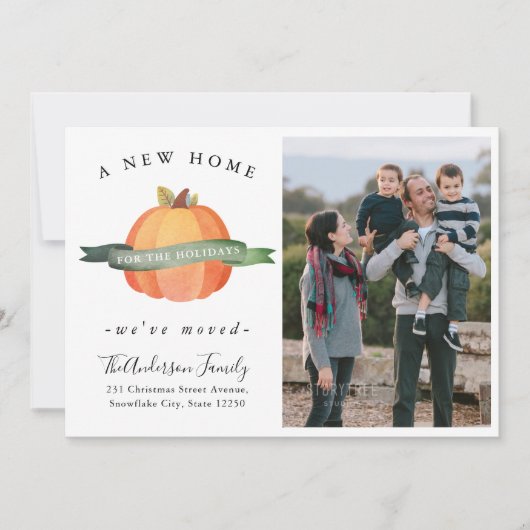 Neue Zuhause Erntedank Pumpkin Foto Holiday Moving Ankündigung (Vorderseite)