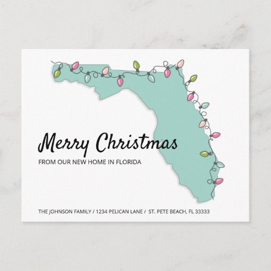 Neue Zuhause Florida Map Weihnachtslichter Bewegun Ankündigungspostkarte (Vorderseite)