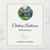 Neue Zuhause Foto Chateau Nachname Monogram Gold Weinetikett (Einzelnes Label)