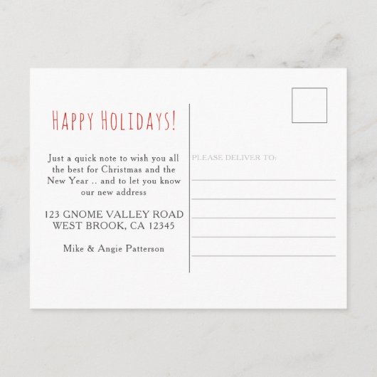 Neue Zuhause für Holidays Gnome und Truck Moving Ankündigungspostkarte (Rückseite)