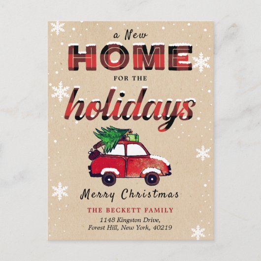 Neue Zuhause für Holidays Red Buffalo Kariert Ankündigungspostkarte (Vorderseite)