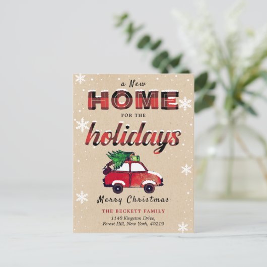 Neue Zuhause für Holidays Red Buffalo Kariert Ankündigungspostkarte (Stehend Vorderseite)