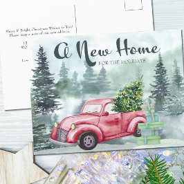 Neue Zuhause für Holidays Red Truck Misty Forest Feiertagspostkarte