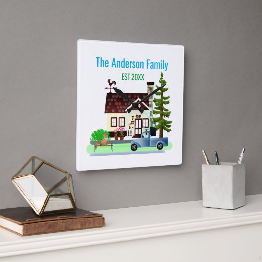 Neue Zuhause mit Familienname Quadratische Wanduhr (Büro)