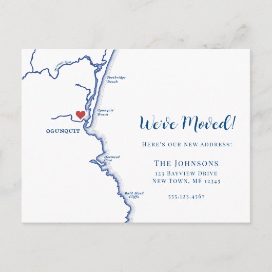 Neue Zuhause Ogunquit Maine Map Moving Ankündigungspostkarte (Vorderseite)