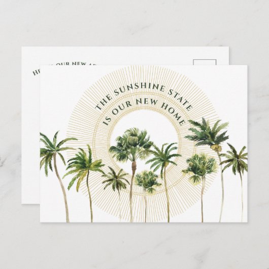 Neue Zuhause Palm Trees Gold Sun Sonnenschein Staa Ankündigungspostkarte (Vorne/Hinten)