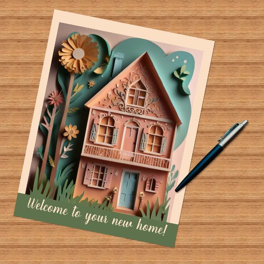 Neue Zuhause Papercut Style Flat Note Card Mitteilungskarte