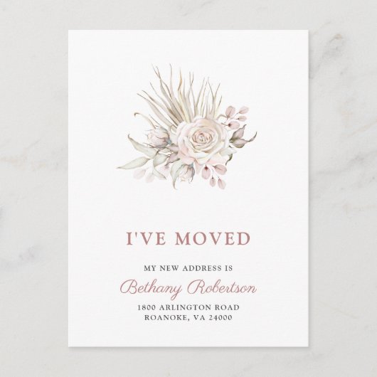 Neue Zuhause Pink Roses Eukalyptus Driving Palm Mo Ankündigungspostkarte (Vorderseite)