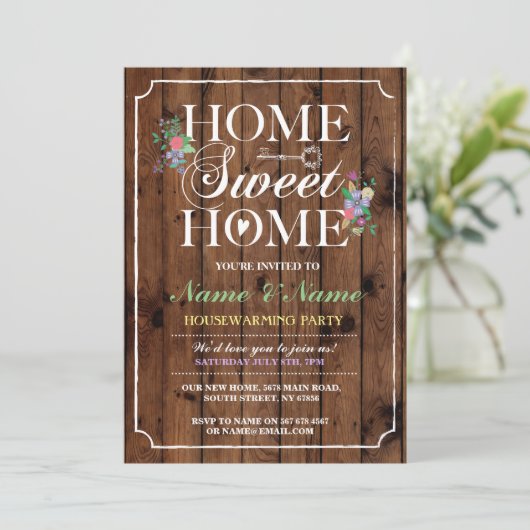 Neue Zuhause Sweet Zuhause House Erwärmung Wood Ke Einladung (Stehend Vorderseite)
