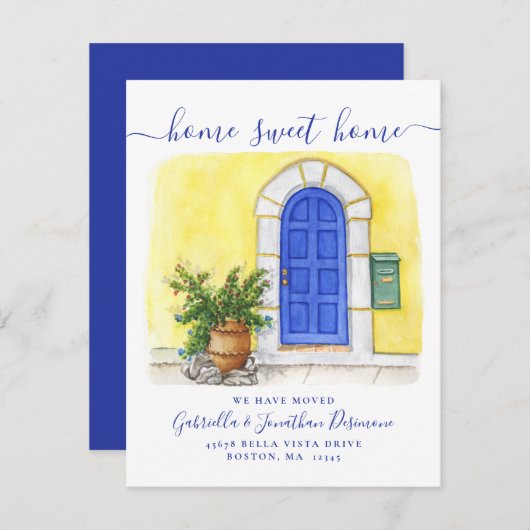 Neue Zuhause Sweet Zuhause Watercolor Blue Yellow Ankündigung (Vorne/Hinten)