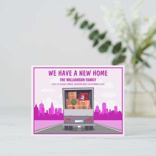 Neue Zuhause Truck und rosa Stadtbezirk Ankündigungspostkarte (Stehend Vorderseite)