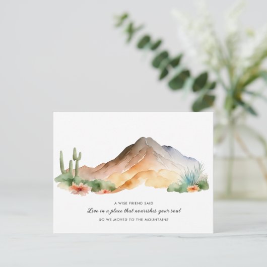 Neue Zuhause Wasserfarbengebirge Kaktus bewegen Ankündigungspostkarte (Stehend Vorderseite)