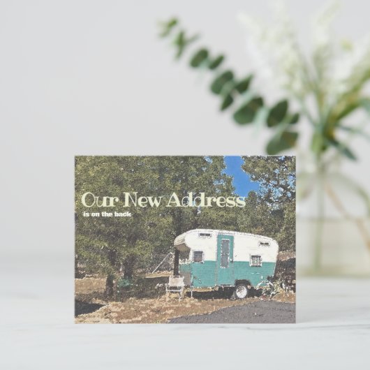 Neuer Adressankündigung Vintager Camping-Trailer Postkarte (Stehend Vorderseite)