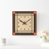 Neuer Art-Deco-Stil (Orange, Schwarz und Creme) Quadratische Wanduhr (Zuhause)
